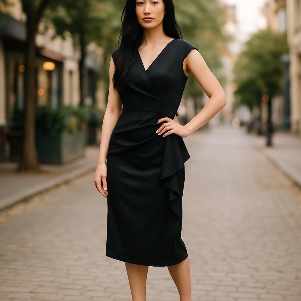 Maggie London Black Sheath Dress 8 Satin Ruffle‎ Detail Cocktail Party Classic